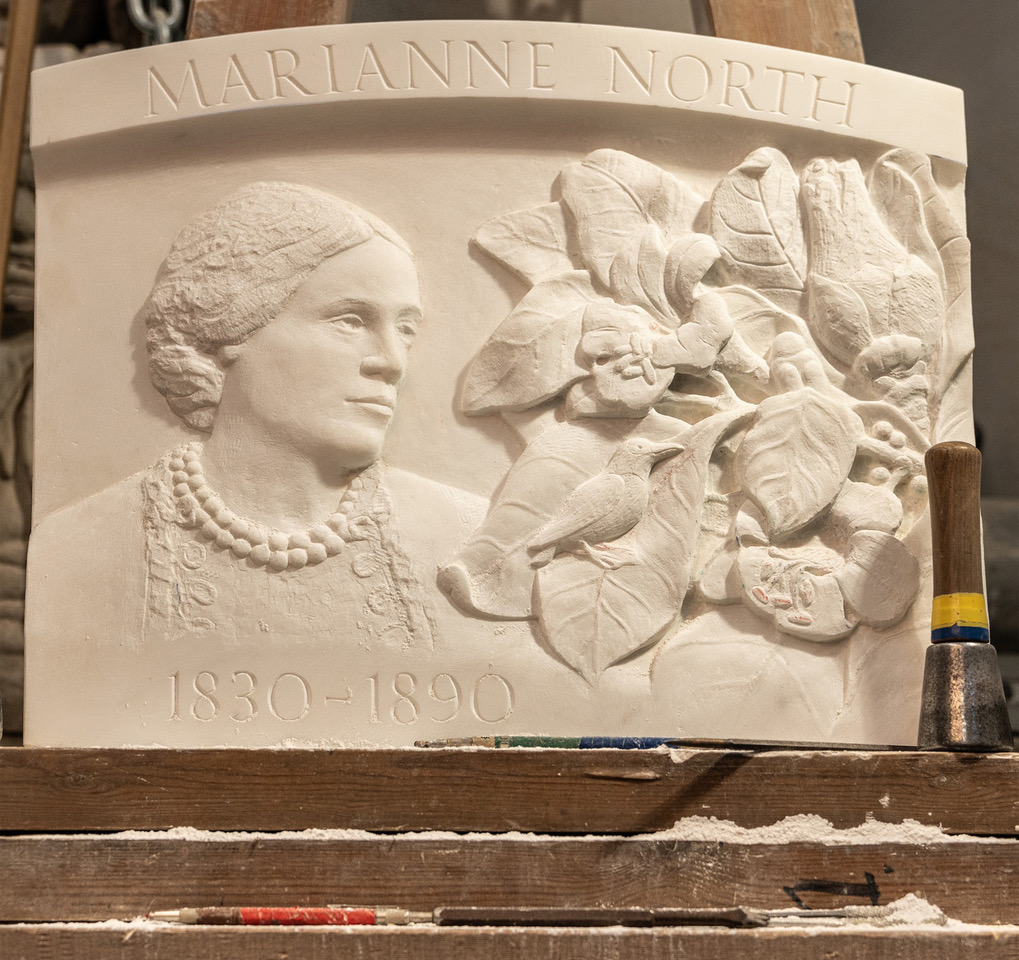 Plaque in Carrara marble of explorer and botanical illustrator Marianne North